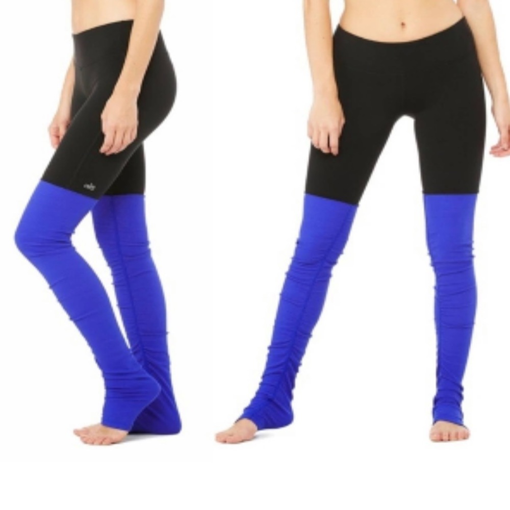 Alo Goddess Mid-Rise Black Upper Blue ribbed Leggings Over the toe Size Small